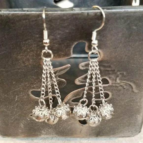 Triple Chained Smoke Crystal Swingy Earrings Smoke Gray and Silver - Picture 1 of 4